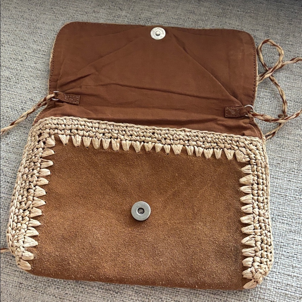 Free People Vintage boho suede leather and paper Raffia beaded crossbody purse - Picture 7 of 16